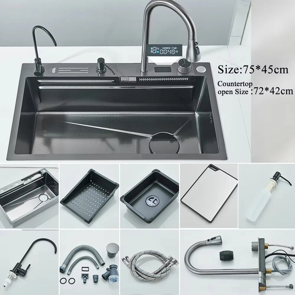 304 Stainless Steel Waterfall Kitchen Sink Integrated Digital Display Faucet