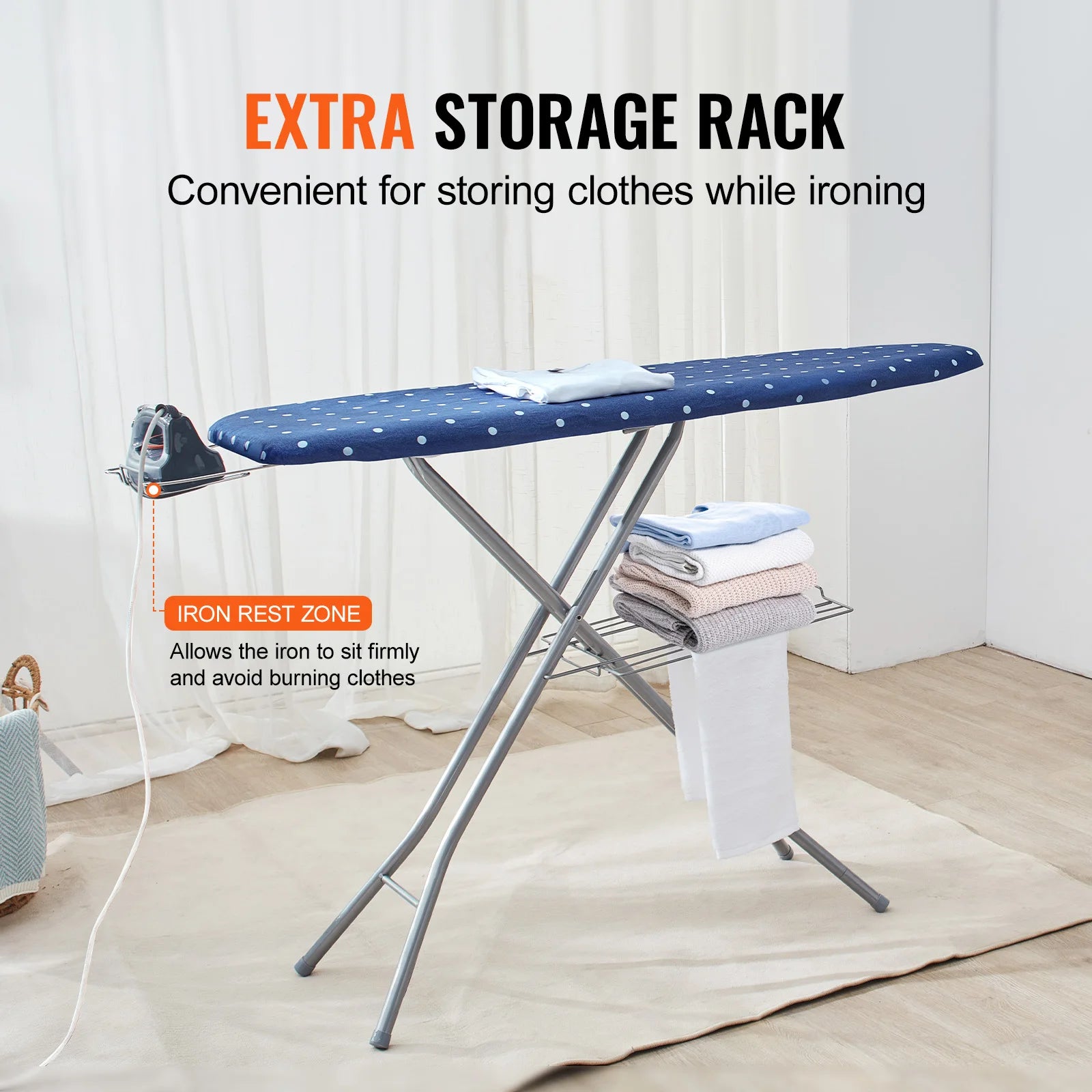 SucceBuy Full Size Ironing Boards 4/3Layers Heat Resistand Structure Height Adjustable&Foldable Legs W/ Removable&Washable Cover