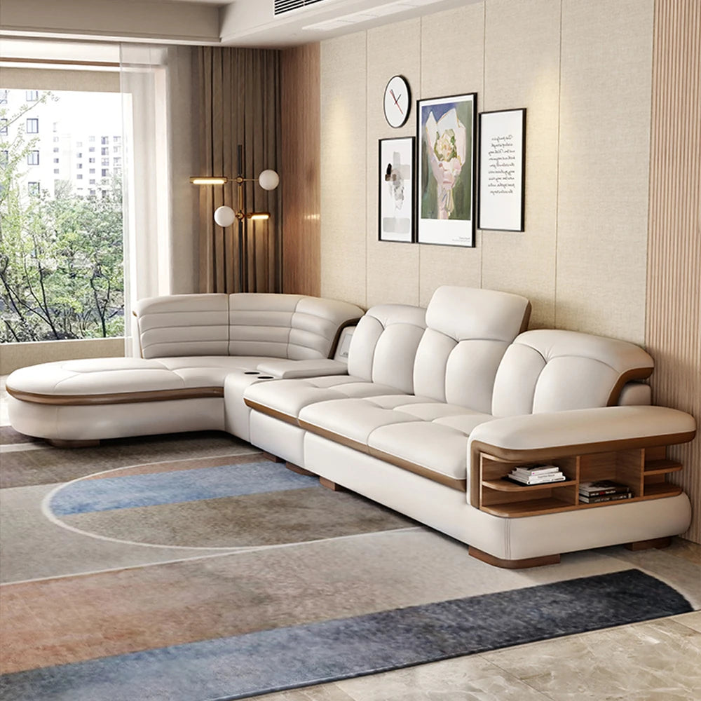 Luxury L-Shaped Genuine  Leather Sectional Sofa, USB, Bluetooth Speaker