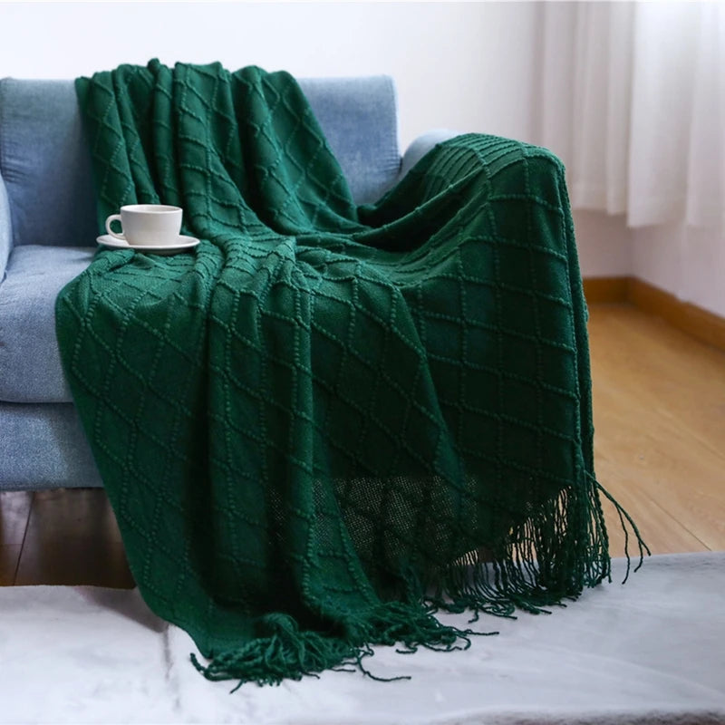 Khaki Knitted Throw/Blanket With Fringe Luxury Farmhouse