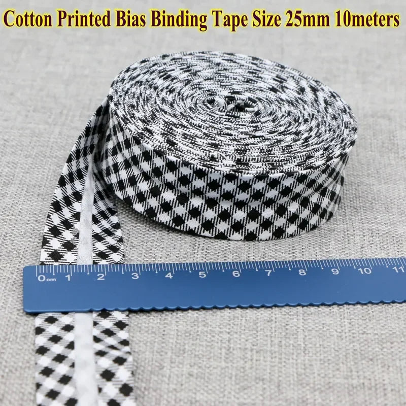 Cotton Bias Tape Ribbon Dots Grid Stripe Tartan Checked Scottish Printed 25mm 1" 10m Cotton Twill Fabric Fold