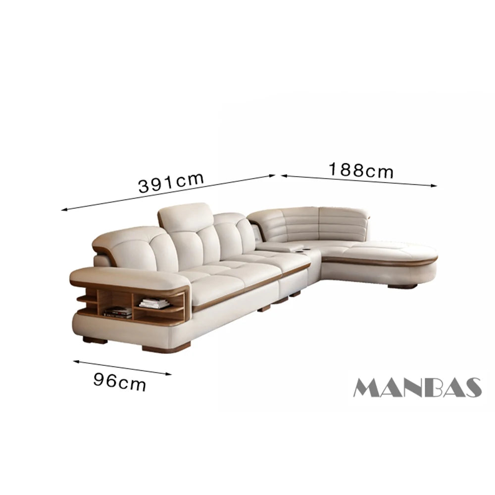 Luxury L-Shaped Genuine  Leather Sectional Sofa, USB, Bluetooth Speaker