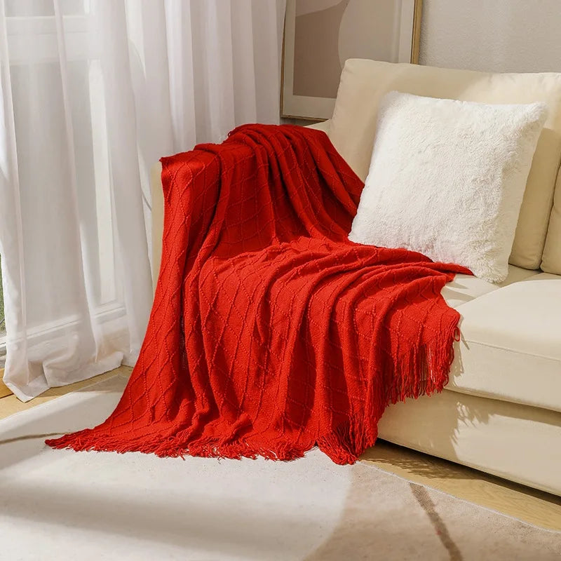 Khaki Knitted Throw/Blanket With Fringe Luxury Farmhouse