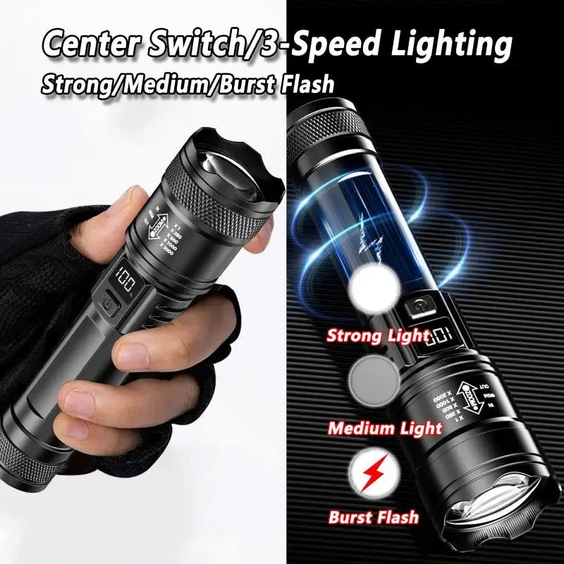 Rechargeable LED Flashlight Zoomable Torch COB Side Led 7 Modes Waterproof High Power, Outdoor