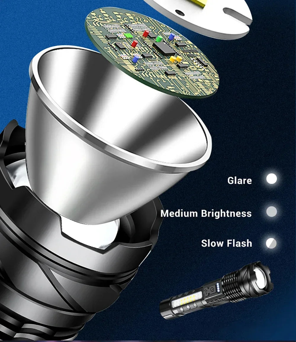 Rechargeable LED Flashlight Zoomable Torch COB Side Led 7 Modes Waterproof High Power, Outdoor
