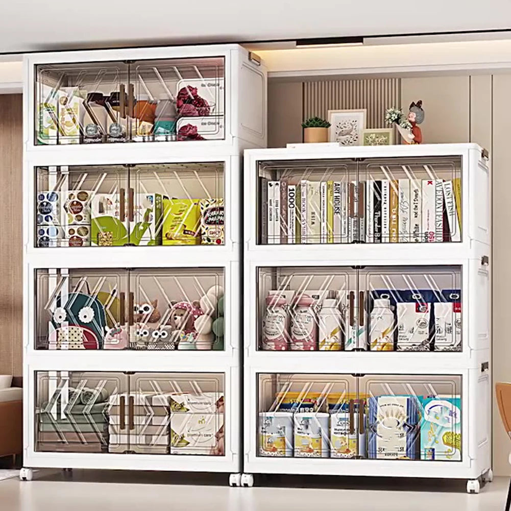 4 Tier Stackable Storage Bins With Lids, Doors, And Wheels. Foldable Organization