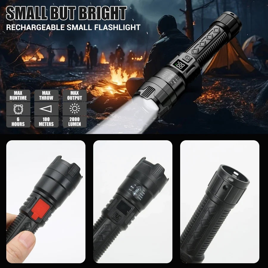 High Power 2000LM LED Flashlight Built-in Battery USB Rechargeable Strong Light Tactical Torch Outdoor Lantern
