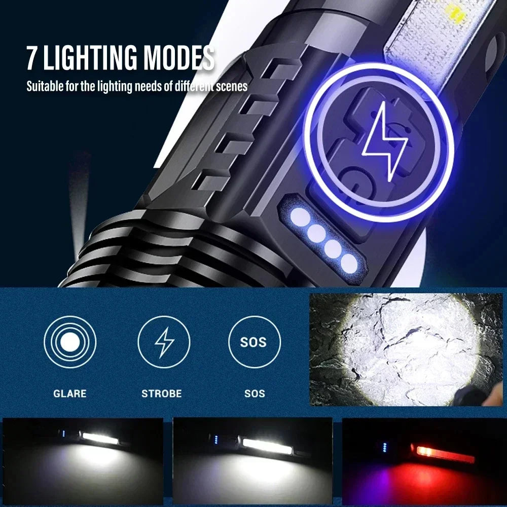 Rechargeable LED Flashlight Zoomable Torch COB Side Led 7 Modes Waterproof High Power, Outdoor
