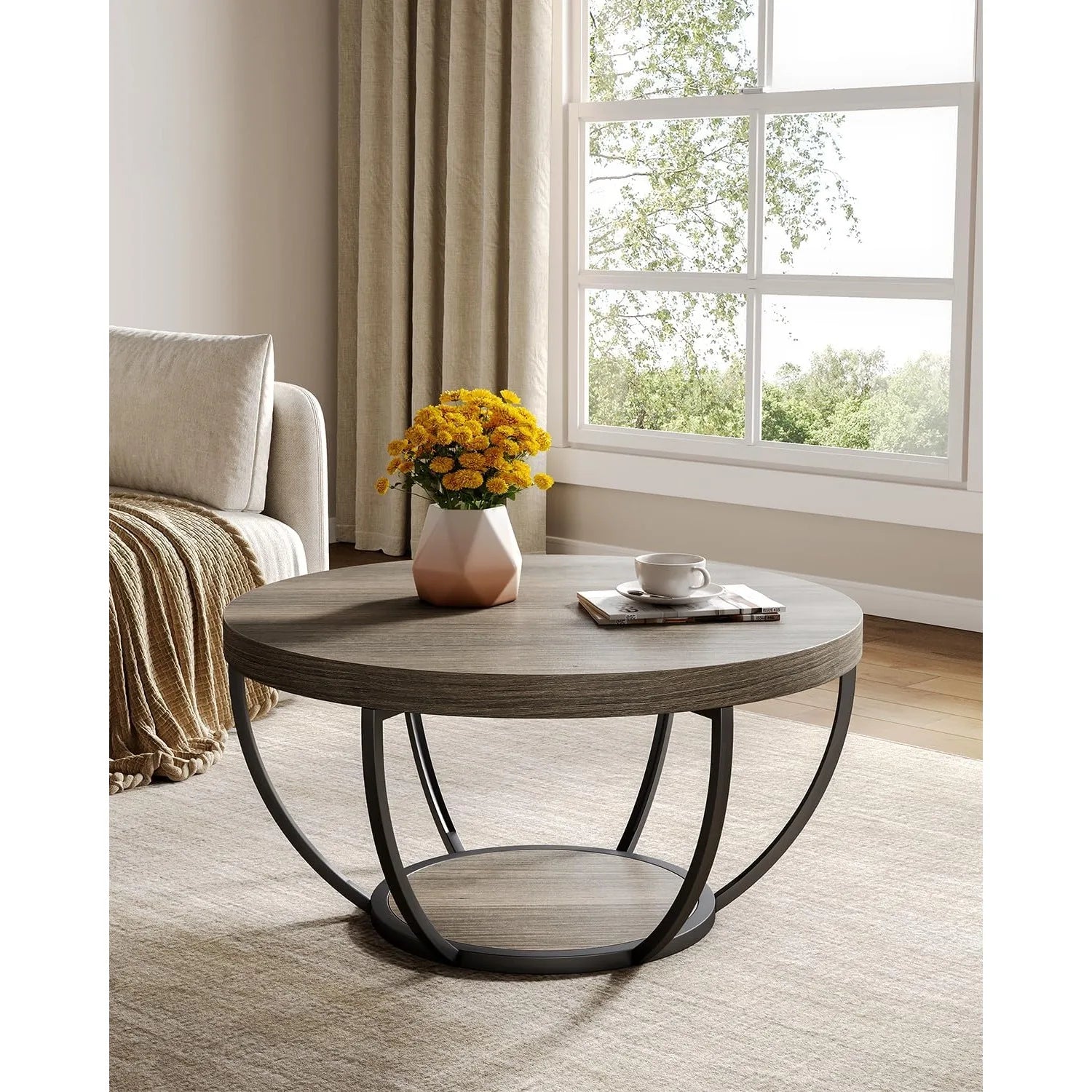 32" Circle Coffee Tables, 2-Tier Metal legs, With Open Storage