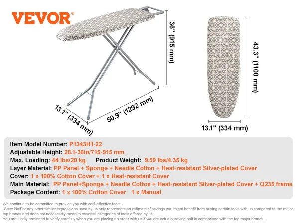 SucceBuy Full Size Ironing Boards 4/3Layers Heat Resistand Structure Height Adjustable&Foldable Legs W/ Removable&Washable Cover