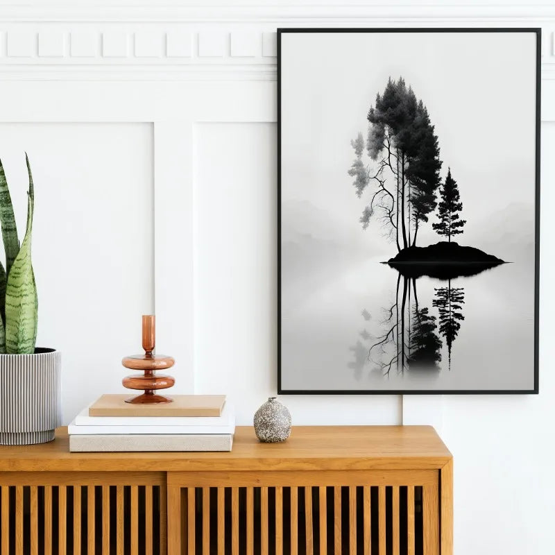 Black on White Minimalist Landscapes and Crow Wall Art