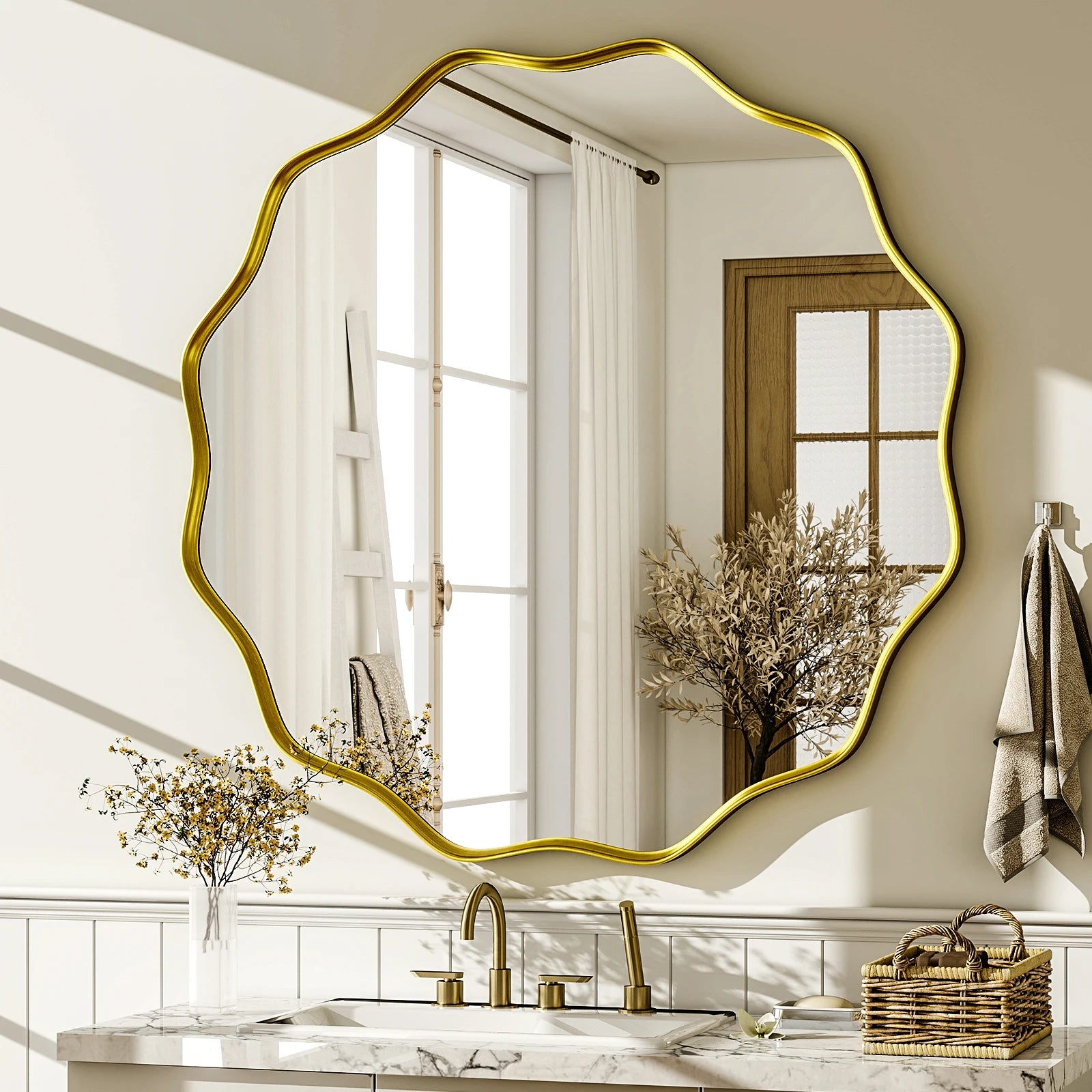 Wavy Round Mirror Decorative Wall Mirror with Deep Frame