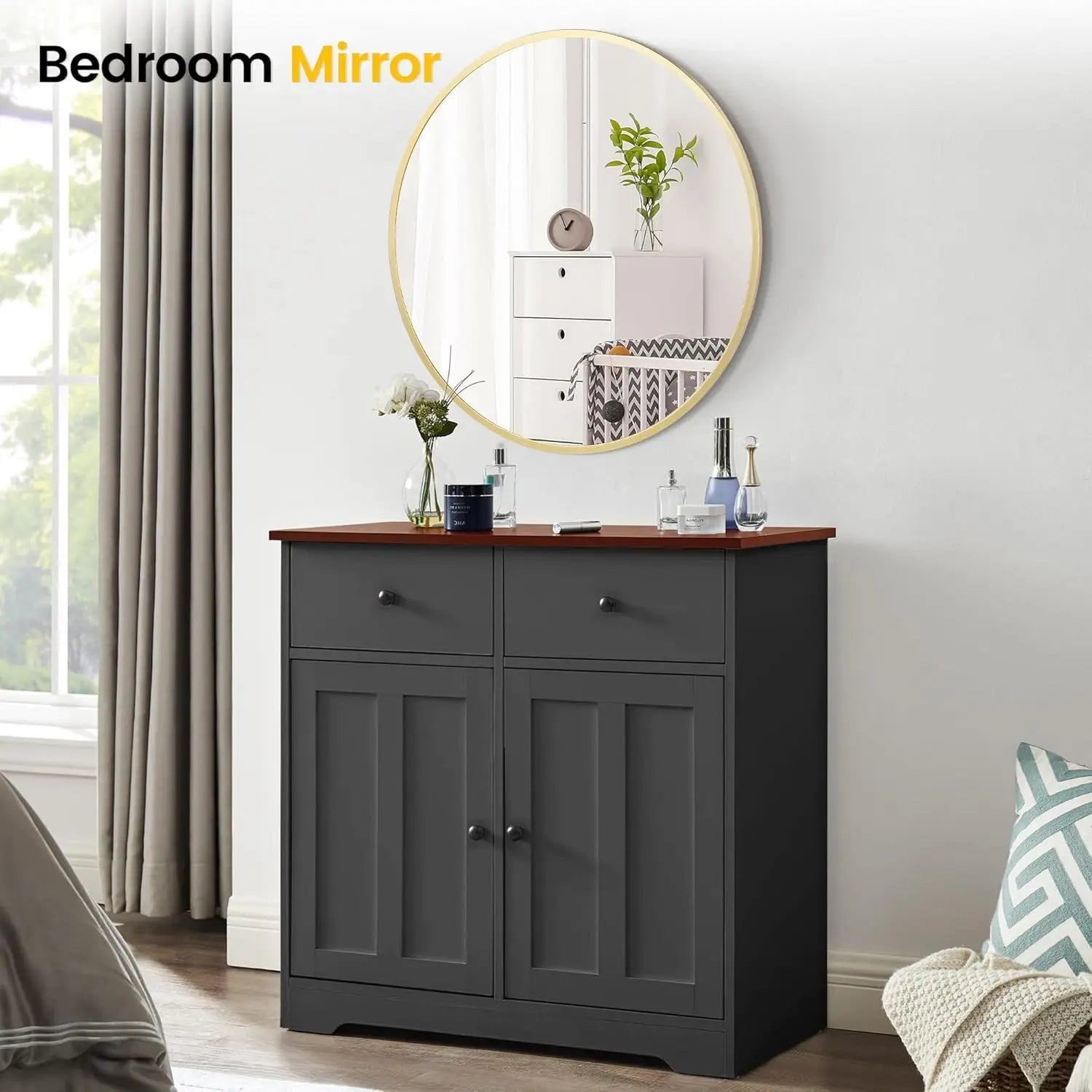 E-Thick Round Mirror Gold Aluminum Frame Wall Mounted