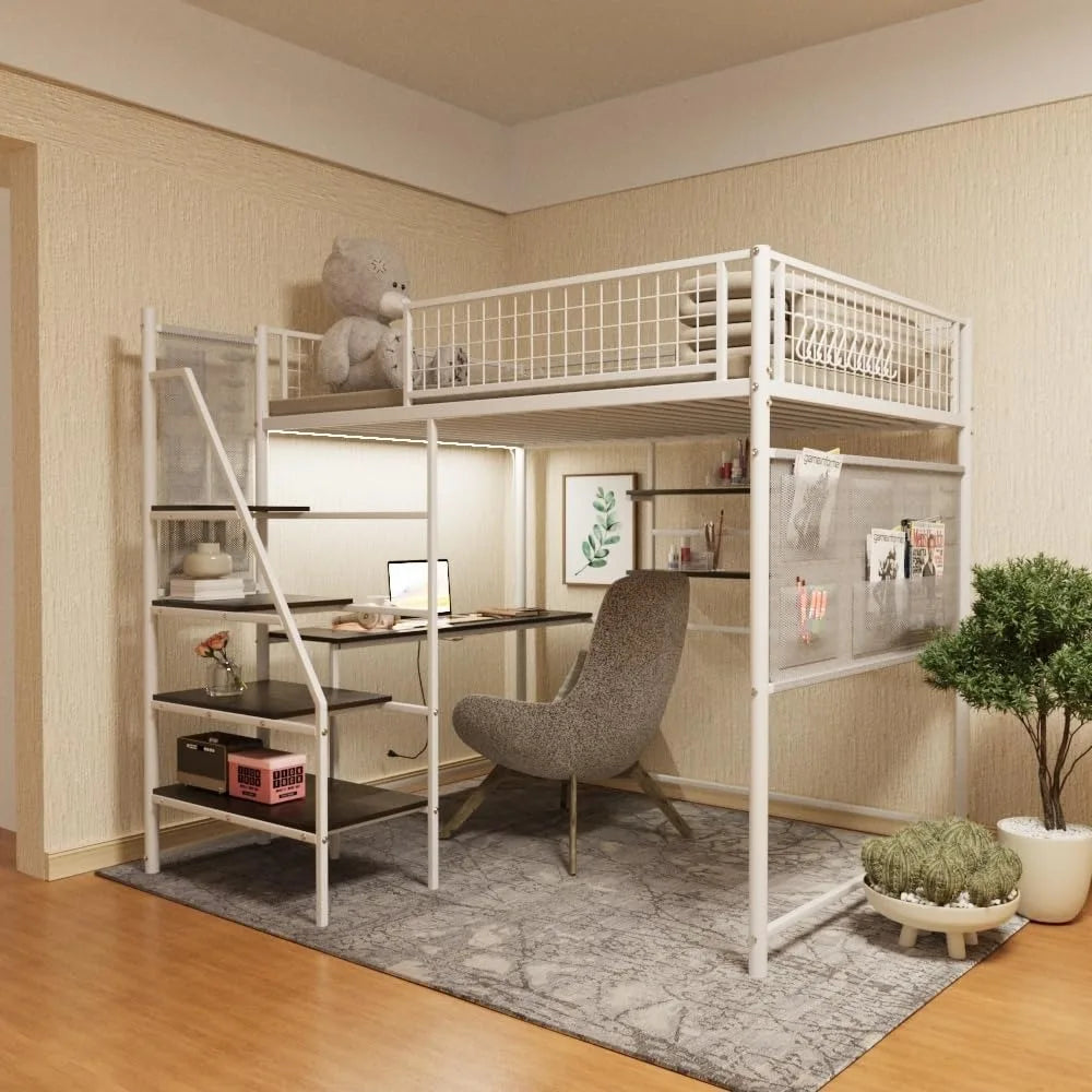 Metal Loft Bed Full Size, Metal frame, Staircase, Charging Station, LED lighting